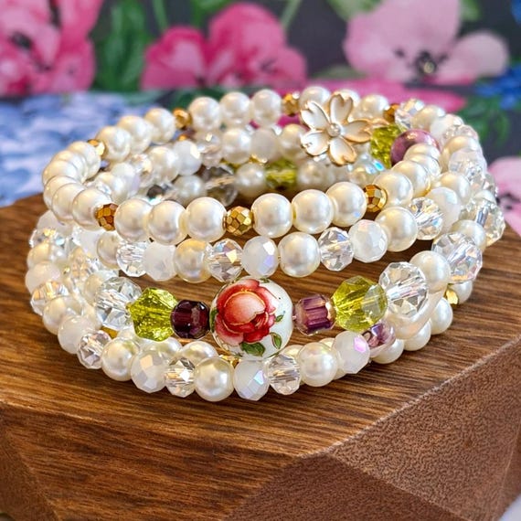 Wrapped in Love Pearl Coil Wrap Bracelet – Tensha Rose, Rhodonite, Gold Hematite, Peridot, Tourmaline Charm