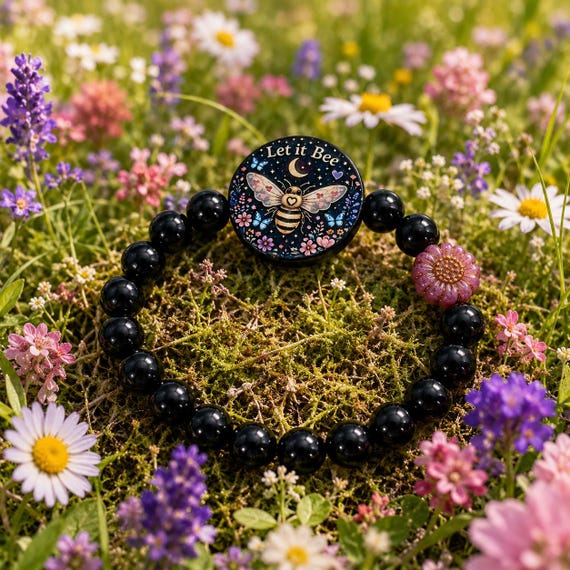 Let It Bee Gemstone Bracelet • Black Onyx Bracelet • Bee Lover Jewelry • Inspirational Stretch Bracelet • Whimsical Cottagecore Jewelry