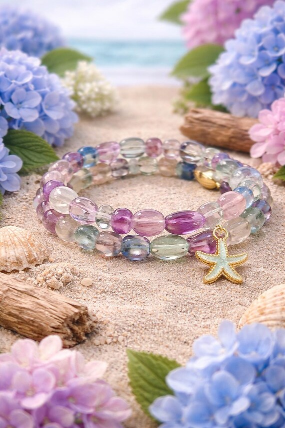 Hydrangea Tides Enchanted Bracelet • Fluorite Gemstone Wrap • Starfish & Pearl Clamshell Charms • Coastal Jersey Shore Jewelry
