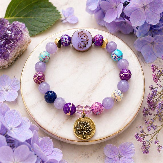 Moonlit Lotus Gemstone Bracelet – Sea Sediment Jasper & Lilac Gemstones, Lotus Flower Charm, Crescent Moon Beads, Stretch Bracelet