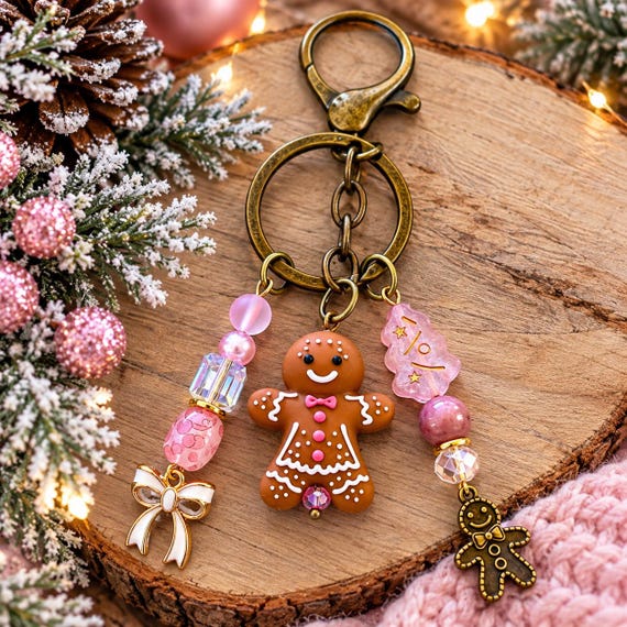 Pink Frosting & Gingerbread Dreams Purse Charm | Rhodochrosite Mystic Aura Quartz | Pink Christmas Keychain | Gingerbread Bag Charm Gift