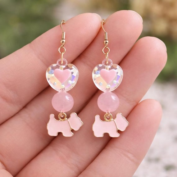 Sweetheart Scottie Earrings – Pink Jade, Heart Beads, Scottie Dog Charm, Hypoallergenic Stainless Steel