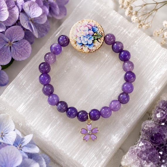 Hydrangea Sunshine Lepidolite Gemstone Bracelet • Handmade Floral Stretch Bracelet • Artisan Wood Hydrangea Bead • Spiritual Jewelry Gift