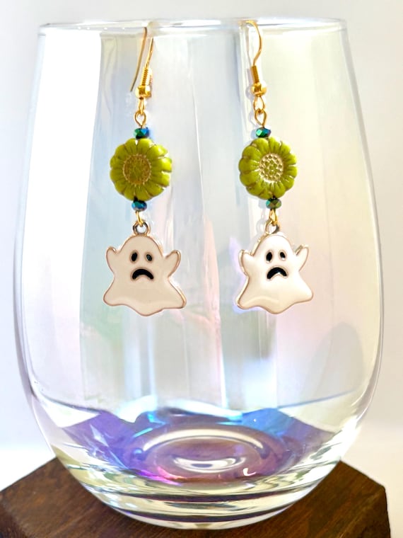 Ghost Charm Dangle Earrings: Chartreuse Czech Glass Flowers & Rainbow Hematite
