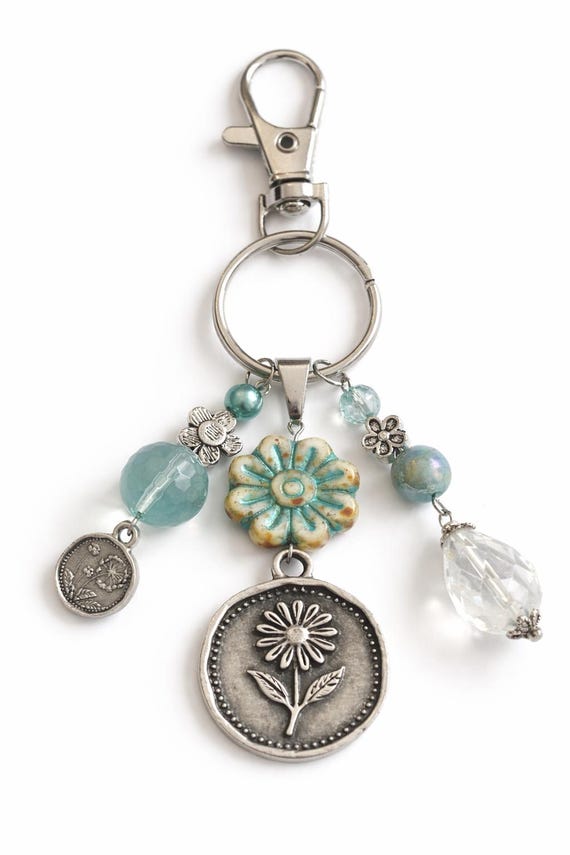 Heavenly Meadow Bloom Purse Charm – Aquamarine Quartz, Clear Quartz, Floral Daisy Keychain