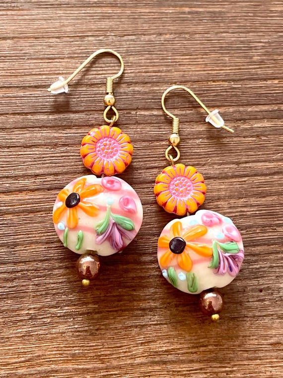 Gemstone Earrings - Hematite Crystal Healing, Spring Garden Floral