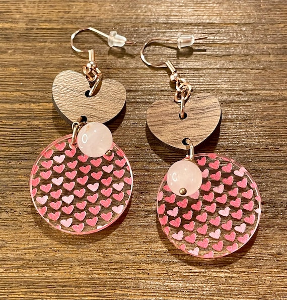 Gemstone Earrings - Rose Quartz Crystal Healing, Valentine Pink Heart Earrings