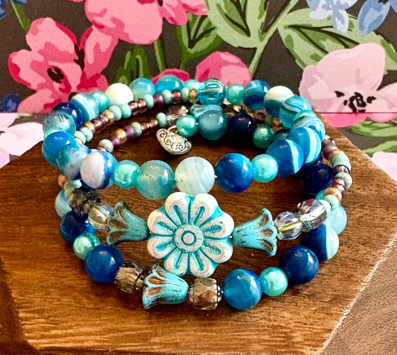 Coastal Bloom Embrace Wrap – Summer Lovin’ Bracelet with Blue Agate, Czech Glass Flowers, and “You Are Loved” Charms
