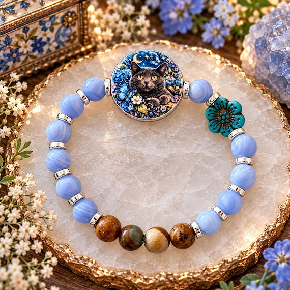 Grayson’s Moonlit Garden Wishes Bracelet | Black Gray Cat Jewelry | Angelite & Picture Jasper | Handmade Artisan Wood Bead | Cat Lover Gift