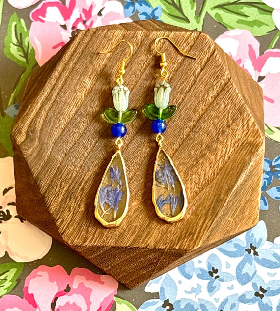 Bluebell Garden Whisperer Earrings | Jade & Dried Flower Charm | Tulip Beads | 3.25” Dangles | Hypoallergenic Stainless Steel