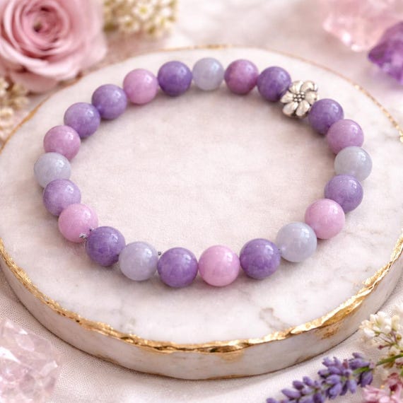 Tanzanian Lepidolite Lavender Jade Bracelet | Silver Flower Bead, Calming Crystal Jewelry