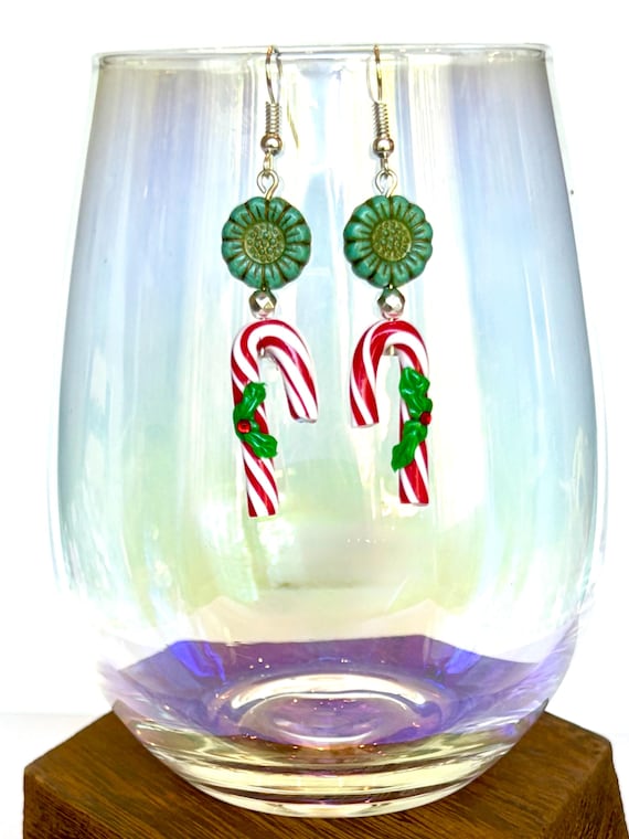 Candy Cane Christmas Earrings: Polymer Clay, Czech Glass, Hematite, Surgical Steel