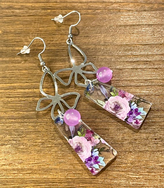 Gemstone Earrings - Jade Crystal Healing, Purple Floral Earrings, Butterfly