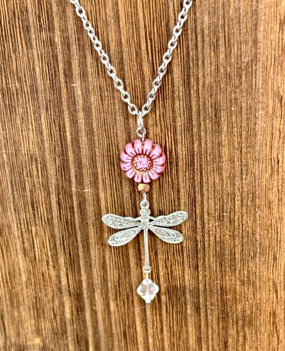 Gemstone Pendant Necklace - Clear Quartz / Hematite Crystal Healing, Whimsical Dragonfly Jewelry, Pink