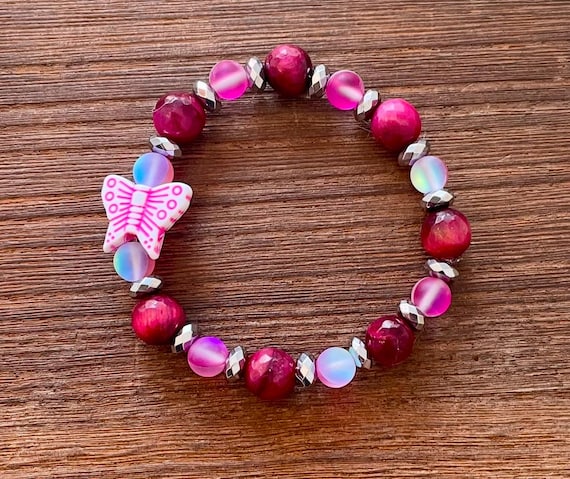 Kid's Gemstone Bracelet - Hematite / Mystic Aura Quartz / Tigers Eye Crystal Healing Bracelets, Little Love’s Baby Fuchsia Butterfly