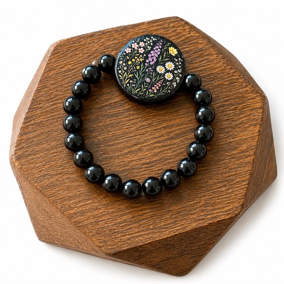 Wildflower Rising Enchanted Bracelet | Handmade Artisan Wood Bead | Onyx Gemstone Bracelet | Resilience Jewelry | Spiritual Gift | Stretch