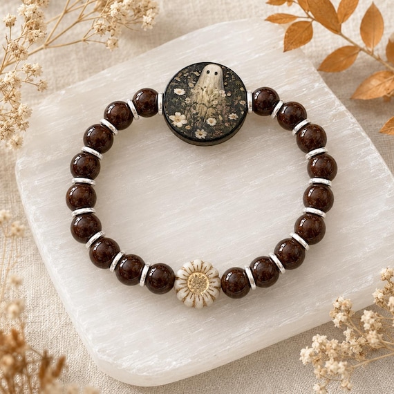 Little Ghost’s Midnight Garden Bracelet, Black Onyx Gemstone Jewelry, Artisan Ghost Focal, Czech Glass Flower, Halloween Gift