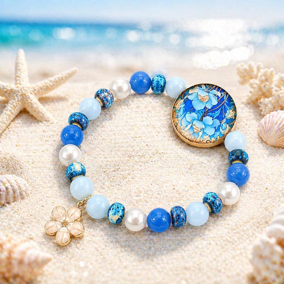 Ocean Bloom Pearl Bracelet | Blue Aventurine, Angelite, Wood Focal, Coastal Inspired