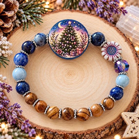Starlit Christmas Wishes & Winter Blooms Bracelet | Lapis Lazuli Angelite Gemstone Jewelry | Handmade Christmas Tree Bracelet | Holiday Gift