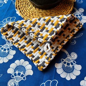 Large Woven Potholder~Yellow Blue and White~Sturdy Cotton~8x8~Hot Pad Trivet~Kitchen~Camping~Handmade~Gift Quality