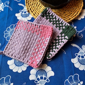 Set of 2 Handmade Woven Cotton Potholders~Lavender, Pink & Green~Boho Kitchen