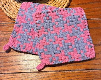 Pink and Hydrangea ~ Set of 2 Handwoven Cotton Potholders