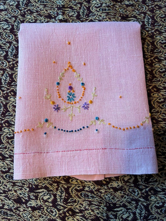 Pink Linen~Vintage Tea Towel~Hand Embroidered Flowers and Dots