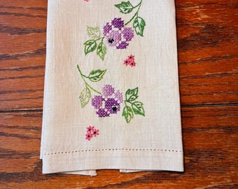 Purple Pink Embroidered Flowers ~ Vintage Linen Fingertip Towel