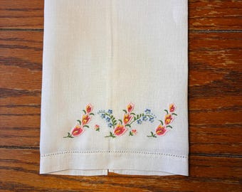 Pink Tulips on White ~ Vintage Embroidered Tea Towel