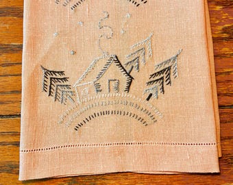 Snowy Mountain Home ~ Peach Hand Embroidered Vintage Tea Towel
