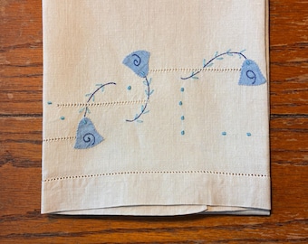Blue Floral Applique on Ecru ~ Vintage Embroidered Tea Towel ~ Handmade