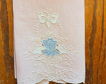 Blue and White on Pink Linen ~ Handmade Vintage Fingertip Tea Towel ~ Floral Embroidery