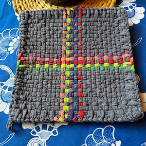 Large Woven Potholder~Denim Blue Rainbow~Sturdy Cotton~8x8~Hot Pad Trivet~Kitchen~Camping~Handmade~Gift Quality