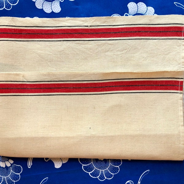 Vintage Linen Dish Towel~Striped Linen Towel~Flawless~Ecru with Red and Black Stripes