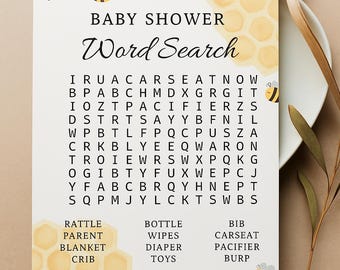 Editable Bee Themed Baby Shower Word Search Template. Printable Download