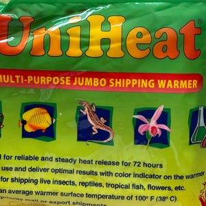 May include: A green UniHeat multi-purpose jumbo shipping warmer package with orange and yellow text. The bag features illustrations of a grasshopper, a yellow fish, a lizard, a pink flower, and laboratory glassware, with a 72+ hours heat duration.