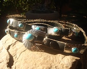 c 1979 Mid Century Native American Navajo Beautiful Morenci Turquoise Hand Chiseled Concho Belt, Marked Sterling and Signed, Gallup, NM.