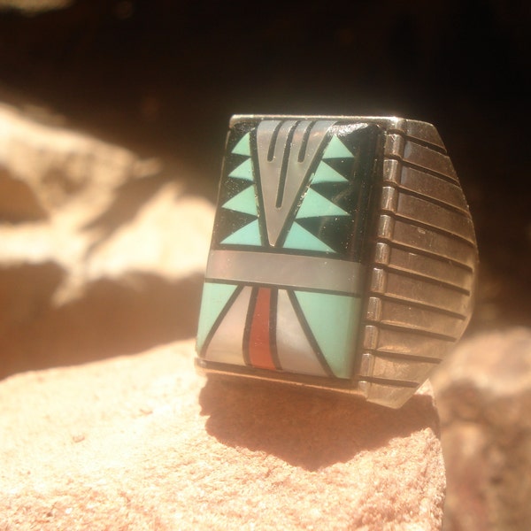 Big, Bold, Beautiful, Navajo, Sam Begay, Green Turquoise, Geometric, Sterling Ring, Green Turquoise, Coral, Jet, Incised Bezel, Size 11.25