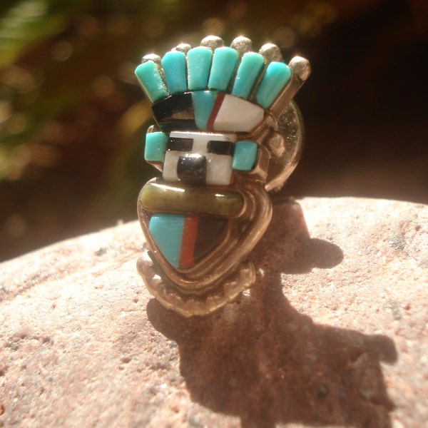 1950's Phenomenal Zuni, "Signed" Kachina, Stone Inlay Sterling Tie Tack, Beautiful Sleeping Beauty Turquoise, Coral, Moss Agate Inlay, 3/4 "