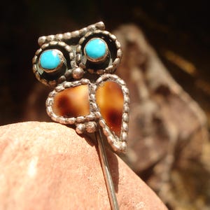 1950's, Spiny Oyster, Sleeping Beauty Turquoise, Sterling Owl, Stick Pin, Symbol of Wisdom and Knowledge, Signed and Acoma, New Mexico, 3/4"