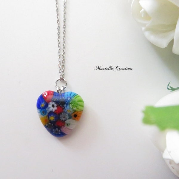 Collier Murano Millefiori | Collier cœur Millefiori coloré | collier pendentif Murano cœur Millefiori