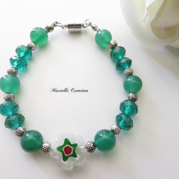 Bracelet Agate verte | Bracelet cristal cubes vert | Bracelet fleur millefiori | bracelet en pierres naturelles Agate verte