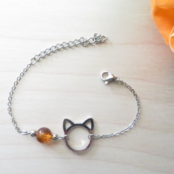 Bracelet fin Ambre, bracelet Chat en acier inoxydable, bracelet argent, bracelet chat, bracelet minimaliste, bracelet femme, bijou Ambre