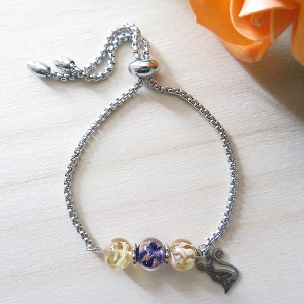 Bracelet perles Murano bleu nuit et jaune or avec chat, bijou Murano, bijou chat en acier inoxydable, bracelet minimaliste