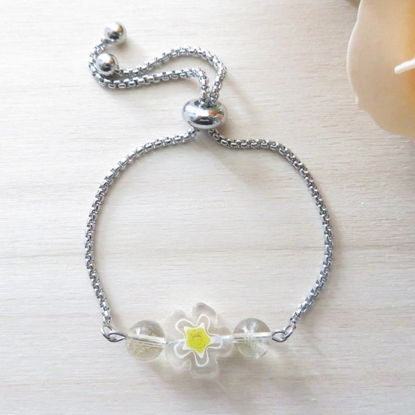 Bracelet en pierres naturelles Citrine et Fleur millefiori, bijou citrine, bijou millefiori, bracelet jaune et blanc, bracelet pour femme