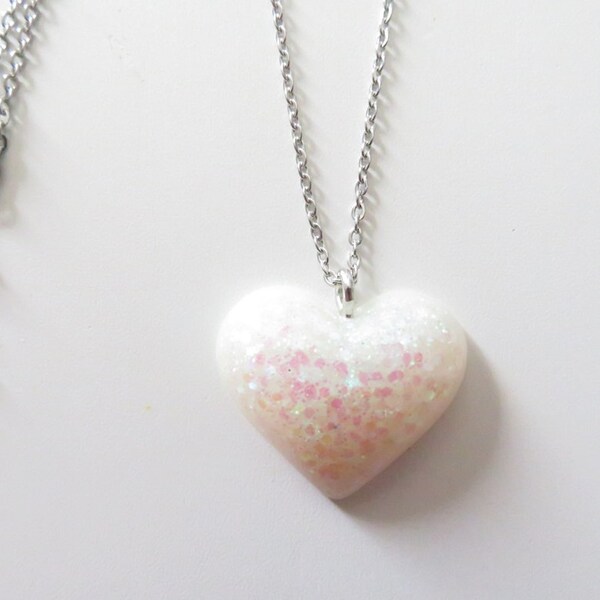 Stainless steel chain necklace, small heart necklace, white glitter heart jewelry, green glitter heart jewelry, necklace with small pendant