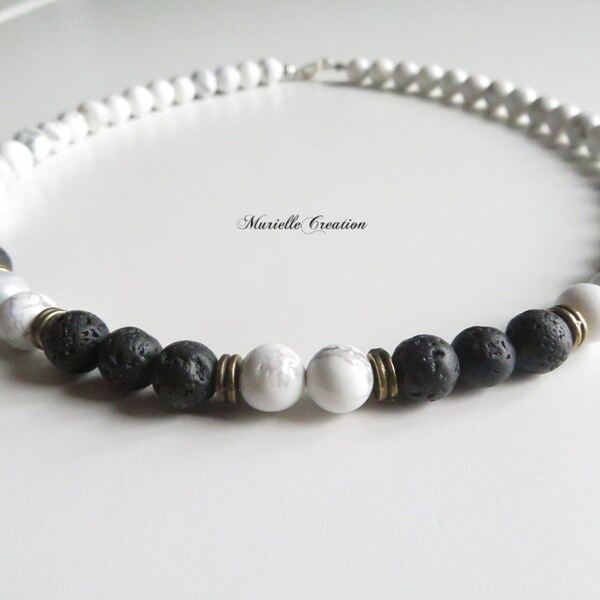 Collier pour homme en pierres naturelles Howlite blanc et Pierre de lave noir