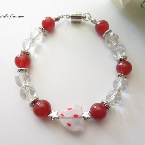 Bracelet Agate rouge | Bracelet cristal rondes transparent | Bracelet millefiori cœur | bracelet en pierres naturelles Agate rouge
