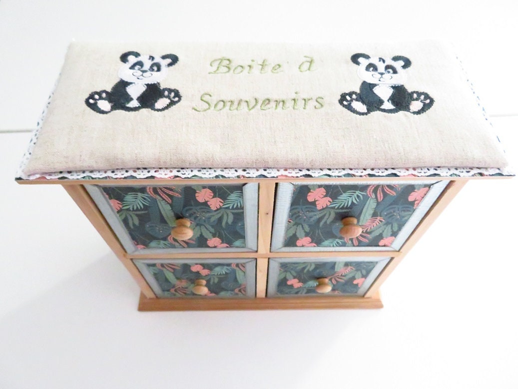 Boite Commode en Bois 4 Tiroirs Panda, Boite Naturel et Panda Feuilles Pour Chambre, Chambre Bébé à