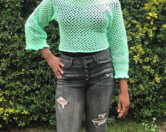Mint Granny Stitch Crochet Crop Sweater Pattern (PDF)